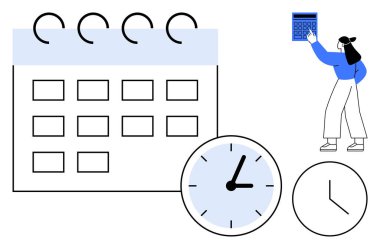 Izgara düzeni, analog saatler ve hesap makinesi kullanan bir kadın takvimi. Planlama, zaman yönetimi, programlama, verimlilik, rutin, görev organizasyonu için ideal düz bir metafor