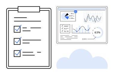 Dijital kontrol listesi ve turta grafiği, çizgi grafiği ve bulut ögesiyle birlikte veri paneli. Üretkenlik, analitik, görev izleme, bulut hesaplama, iş planlaması, veri görselleştirme iş akışı için ideal
