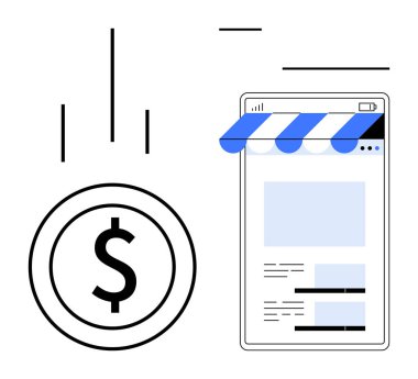 Mobil alışveriş platformunun yanına, vitrin güneşliği olan bir dolar düşüyor. E-ticaret için ideal, çevrimiçi ödeme, dijital iş, perakende büyüme, satış stratejisi, mali işlemler, daire