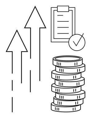 İlerlemeyi tasvir eden yukarı oklar, serveti sembolize eden bozuk para yığını, görevlerin tamamlanması için keneli kontrol listesi. Finans, büyüme, üretkenlik, hedefler, yatırım, strateji örgütü için ideal