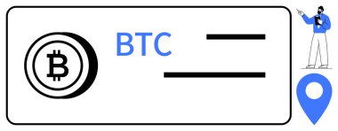 BTC metninin yanında Bitcoin simgesi, işlemleri sembolize eden kalın çizgiler, yer işaretleyici ve işaret eden kişi. Kripto para birimi, engelleme zinciri, finans, yatırım, çevrimiçi ödeme teknolojisi için ideal