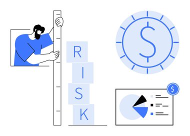 Yığılmış blokları ölçen adam RISK, para birimini sembolize eden büyük para ve veri tabloları. Finans, risk analizi, yatırım, ölçüm, karar verme, düz metafor planlama için ideal