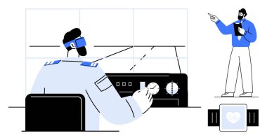 Pilot simülatörü VR kulaklığı, kontrol paneli ve eğitmen rehberliğinde çalıştırıyor. Havacılık, teknoloji, eğitim, yenilik, eğitim ekibi liderliği için ideal. Düz basit metafor