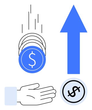 Yükselen büyük ok ve dolarla birlikte düşen paralara doğru uzanan el, finansal büyüme, yatırım ve ekonomik başarıyı temsil ediyor. Bankacılık, iş, tasarruf ve finansman için ideal