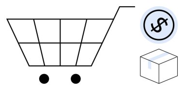 Minimalist alışveriş arabası, daire şeklinde dolar işareti, ve paket kutusu işaretleri e-ticaret, alışverişler, ödemeler, nakliyat, perakende, teslimat ve ekonomi. Satış stratejileri veya daire için ideal