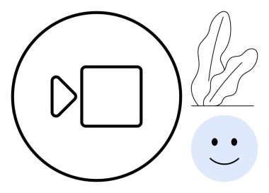 Bir daire içinde video kamera ikonu, neşeli mutlu yüz ve soyut bitki şekilleri. İletişim, sosyal medya, teknoloji, çevrimiçi etkileşim, pozitiflik, tasarım düz metaforu için ideal