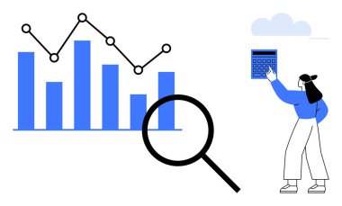 Veri noktalı çubuk grafik, bağlantı noktaları, büyüteç ve hesap makinesi kullanan kadın. Analiz, strateji, finans, iş araştırmaları karar verme eğitimi için idealdir. Düz