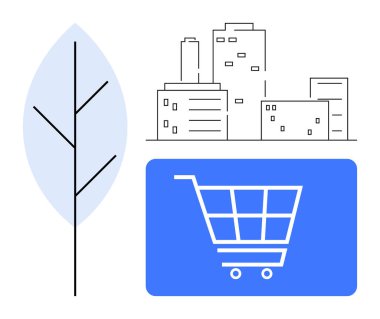 Minimum şehir silueti, soyut yaprak ve alışveriş arabası ana hatları çevre bilinci, sürdürülebilir kentsel yaşam ve yeşil ticareti vurguluyor. Ekoloji, kentsel planlama, yenilik, perakende için ideal