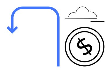 Mavi ok aşağıya, bulutlara ve dolarlara işaret ediyor finansal tercihleri, birikimleri, bulut hizmetlerini simgeliyor. Finans, strateji, yatırım, ekonomi tasarrufu, bulut teknoloji sektörü için ideal