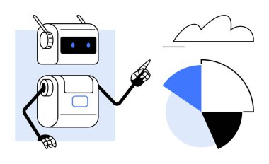 Robot veri tablosunu analiz ediyor ve bulut simgesi ile pasta grafiğini gösteriyor. Yapay zeka, teknoloji, veri bilimi, makine öğrenimi, otomasyon, bulut hesaplaması, fütüristik tasarım için ideal. Düz basit metafor