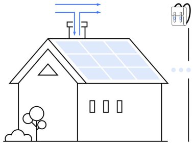Ağaçlarla çevrili, güneş panelleri ve havalandırma sistemiyle donatılmış bir ev. Enerji, sürdürülebilirlik, eko-yaşam, yeşil teknoloji, yenilenebilir enerji, yenilik, düz basit metafor için ideal
