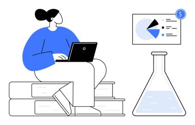 Dizüstü bilgisayar, veri tablosu ve araştırma, öğrenme ve analizi temsil eden bir kimya şişesiyle kitap istifleyen bir kadın. Eğitim, yenilik, bilim, teknoloji, veri için ideal