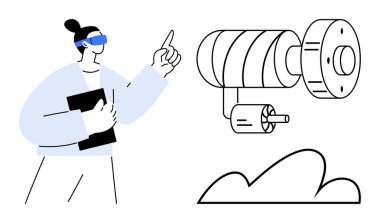 Artırılmış gerçeklik kulaklığı takan biri mekanik parçaları analiz ediyor ve elinde bir tablet tutuyor. Teknoloji, yenilik, mühendislik, artırılmış gerçeklik, sanal tasarım, prototip, eğitim için ideal