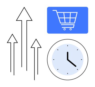 Siyah oklar bir alışveriş arabası ve saatin yanında büyüdüğünü gösteriyor. İş stratejisi, üretkenlik, zaman verimliliği, e-ticaret, satış büyümesi, pazarlama, düz metafor için ideal