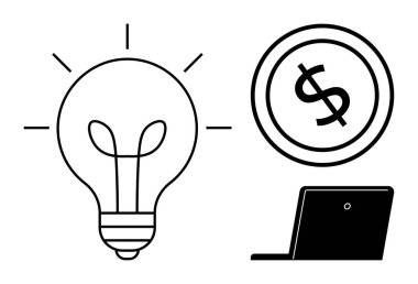 Ampul, dolar ve laptop yaratıcılığı, finans ve teknolojiyi sembolize eder. İş, girişimcilik, yenilik tasarrufu e-ticaret girişimleri ve modern çözümler için idealdir. Düz basit