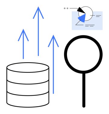 Veritabanı sembolü, yukarı doğru büyümeyi işaret eden oklar, analiz için büyüteç ve veri grafiksel vurgu incelemesi ve ilerleme. Analiz, iş, strateji, büyüme ve performans için ideal