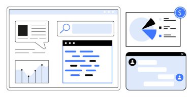 Kod düzenleyicili masaüstü ekran görüntüleri, mesaj sohbeti, analitik grafikler ve arama çubuğu. Teknoloji, üretkenlik, takım çalışması, iletişim, veri analizi yazılım geliştirme işi için ideal