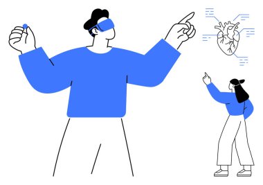 İki birey, üç boyutlu bir kalp modelini araştırmak ve etkileyici jestler kullanarak sanal gerçekliğe dalıyorlar. VR teknolojisi, tıbbi yenilik, eğitim, takım çalışması, gelecek eğilimleri, eğitim, daire