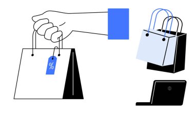 İndirim etiketli el çantası, iki çanta, çevrimiçi alışveriş için dizüstü bilgisayar, e-ticaret, perakende satış, tüketim, tanıtım pazarlaması, ürün dağıtımı, dijital pazarlama