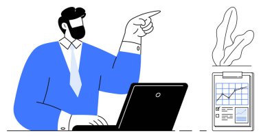 Rapor çizelgesine işaret ederken dizüstü bilgisayardaki profesyonel analiz verileri. İş, sunum, takım çalışması, veri analizi, büyüme stratejisi, liderlik ve planlama için ideal. Düz basit metafor