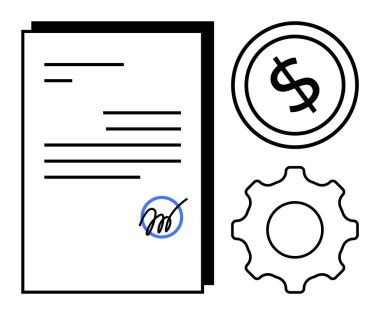 İmzalı sözleşme, finans için dolar simgesi, işlemler için dişli sembolü. Finans, anlaşmalar, iş, müzakere, iş akışı, yönetim dairesi metaforu için ideal