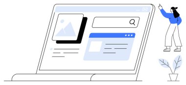 Arama çubuğu olan dizüstü bilgisayar ekranı, açık sekmeler, resim önizlemesi, aşağıdaki küçük bitkiyi işaret eden kadını engelleyen metin blokları. Teknoloji, arama, araştırma, kullanıcı davranışı, iş eğitimi İnternet dairesi için ideal