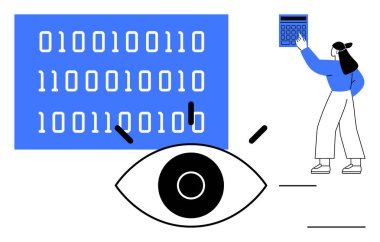 Kadın, veri görselleştirmesi ve odaklanması için geniş bir göze sahip ikili kodların yakınındaki bir hesap makinesini işaret ediyor. Veri analizi, kodlama, programlama, siber güvenlik, araştırma, teknoloji, istatistik dairesi için ideal