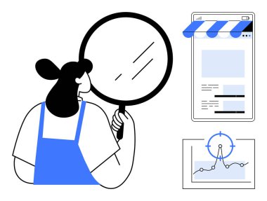 Elinde büyüteç tutan kadın web sayfasını ve grafiğini grafik ve hedefle inceliyor. Araştırma, analitik, strateji, iş büyümesi, problem çözme, teknoloji için ideal, düz basit metafor