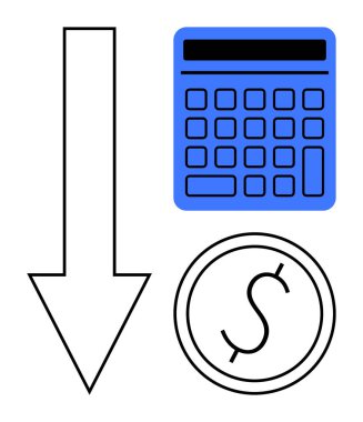Aşağı ok, mavi hesap makinesi ve dolar madeni para, maliyet azaltma, finansal kayıp, bütçe, tasarruf, gider yönetimi veya ekonomik düşüşü temsil eder. İş bankacılığı muhasebesi için ideal