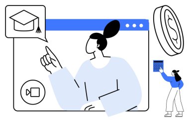 Öğretmen eğitim içeriğini bir webinar arayüzünde açıklıyor, mezuniyet şapkası, büyük para ve tablet kullanan bir sohbet baloncuğu içeriyor. Çevrimiçi eğitim, e-öğrenme, mesafe için ideal