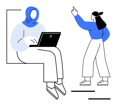 İki kadın takım çalışması yapıyor, biri otururken dizüstü bilgisayar kullanıyor, diğeri ise bir fikir sunuyor. Eğitim, işyeri işbirliği, çeşitlilik, teknoloji, iletişim, liderlik için ideal