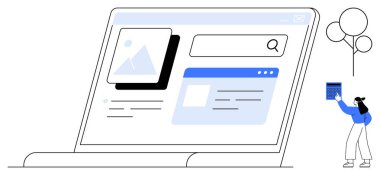 Dizüstü bilgisayar arama çubuğu, resim ve web sayfası içeriği düzenini kullanıcı yaratıcı sahnede ağaçla etkileşime girerken gösterir. İçerik yönetimi, web tasarımı, çevrimiçi öğrenme, işbirliği, dijital için ideal