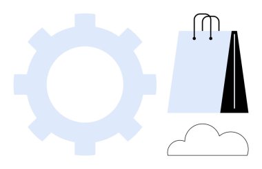Bulut ve teçhizatla alışveriş torbası, perakende ve teknoloji temalarını birleştirmek. E-ticaret, dijital pazar, bulut depolama, perakende yenilik, teknoloji entegrasyonu, otomasyon ve veri güdümlü