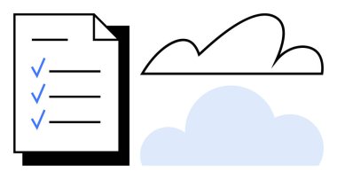 Bulut depolama, organizasyon ve planlamayı temsil eden iki bulut şeklindeki mavi keneli kontrol listesi. Dijital üretkenlik, iş akışı, teknoloji, iş dünyası, veri yönetimi, görev için ideal