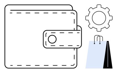 Tokalı katlanmış cüzdan, alışveriş çantası, para yönetimini, alışverişi ve ayarları temsil eden vites simgesi. Finans, e-ticaret, perakende, ekonomi uygulamaları için ideal teknoloji süreci sade