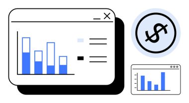 Ekranlarda gösterilen çubuk grafikler ve bir dolar işareti finansal eğilimleri ve iş analizlerini vurguluyor. Finans, analitik, istatistik, ekonomi, bütçe, strateji ve pazarlama için ideal. Düz basit