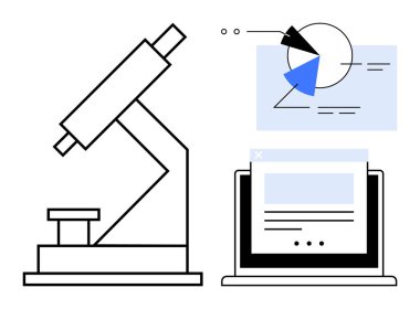 Çizelge ve veri görüntülerini gösteren bir dizüstü bilgisayarın yanında mikroskop. Bilim, araştırma, teknoloji, eğitim, yenilik, keşif ve analitik için idealdir. Modern düz basit metafor