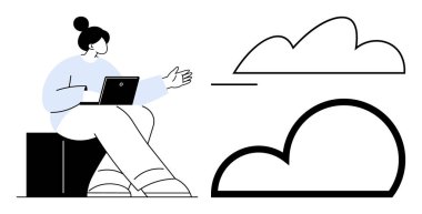 Dizüstü bilgisayarlı bir kadın soyut bulut şekillerine doğru hareket ediyor, bulut teknolojisini ve uzaktan erişimi temsil ediyor. Teknoloji, yenilik, ağ oluşturma, veri depolama, çevrimiçi işbirliği için ideal