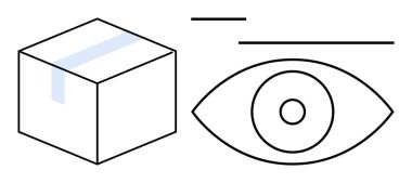 Küp şeklinde paket kutusu, açık gözün yanında gözden geçirilmeyi, incelenmeyi ve analizi simgeleyen çizgiler var. Lojistik, kalite kontrolü, şeffaflık, gözlem, geri bildirim, analiz düzlüğü için idealdir