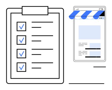 Kontrol listesi olan pano ve çevrimiçi mağaza önü görüntüleyen akıllı telefon. E-ticaret, verimlilik, görev örgütü, dijital pazarlama, çevrimiçi alışveriş, perakende satış, iş akışı planlaması için ideal. Düz basit