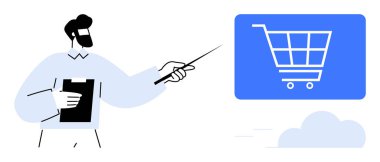 Profesyonel bir pano ve ekrandaki dijital alışveriş arabasını gösteriyor. E-ticaret, çevrimiçi alışveriş, pazarlama, sunumlar, stratejiler, perakende satış, girişimci kavramlar için idealdir. Düz