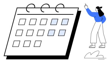 Seçilen tarihlerin vurgulandığı büyük takvim, onu işaret eden kadın. Program, zaman yönetimi, organizasyon, planlama, verimlilik, son teslim tarihi planlama için ideal. Düz basit metafor