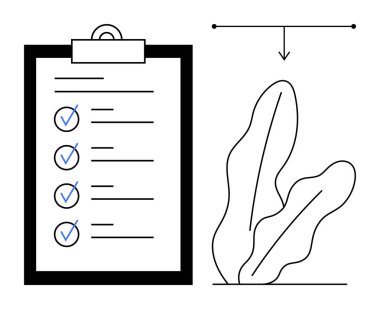 Kontrol işaretli pano görüntüleme, basit bitki illüstrasyonu, odak gösteren ok. Görev tamamlama, organizasyon, üretkenlik, planlama, iş akışı, basitlik için ideal
