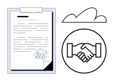 İmzalı belge, daire şeklinde tokalaşma, bulut simgesi. İş ortaklığı, anlaşma, güven, işbirliği, dijital dönüşüm e-imzaları için ideal. Düz basit metafor