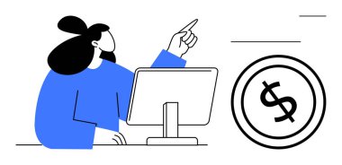 Masaüstü bilgisayarında çalışan bir kadın işaret ediyor, yakınlarda dolar işareti var. Finans, planlama, iş stratejisi, yatırım, bütçe oluşturma, karar verme, kazanç görselleştirme için ideal