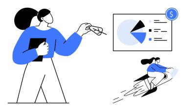 Elinde tablet tutan kadın turta grafiği okuyor, dolar işareti ve finansal verileri var. Bir diğer figür de büyümeyi, hızı ve ilerlemeyi simgeleyen roketlere biniyor. İş, veri, finans ve yenilik için ideal