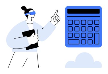 VR gözlüklü bir kadın elinde not defteri olan büyük bir dijital hesap makinesini işaret ediyor. Teknoloji, yenilik, finans, eğitim, analiz, bulut hesaplama ve gelecekteki kavramlar için idealdir. Düz basit