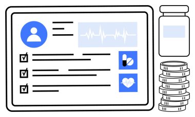 Kullanıcı bilgilerini içeren elektronik sağlık kayıtları, kalp atışı grafiği, ilaç takip cihazı, kontrol listesi ve birikmiş paralar. Sağlık, teletıp, sigorta, sağlık yönetimi maliyet analizi için ideal