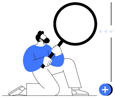 Geniş büyüteç tutan genç adam detayları inceliyor. Araştırma, analiz, araştırma, keşif, keşif, arama işlemleri için ideal kullanıcı arayüzü. Düz basit metafor