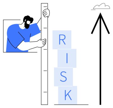 İnsanlar, RİSK 'i yazarken yukarı doğru ok ve bulutun yanında duran bir cetvel kullanarak blokluyorlar. İş analizi, strateji, risk yönetimi, büyüme, başarı, öngörü planlama için ideal. Düz